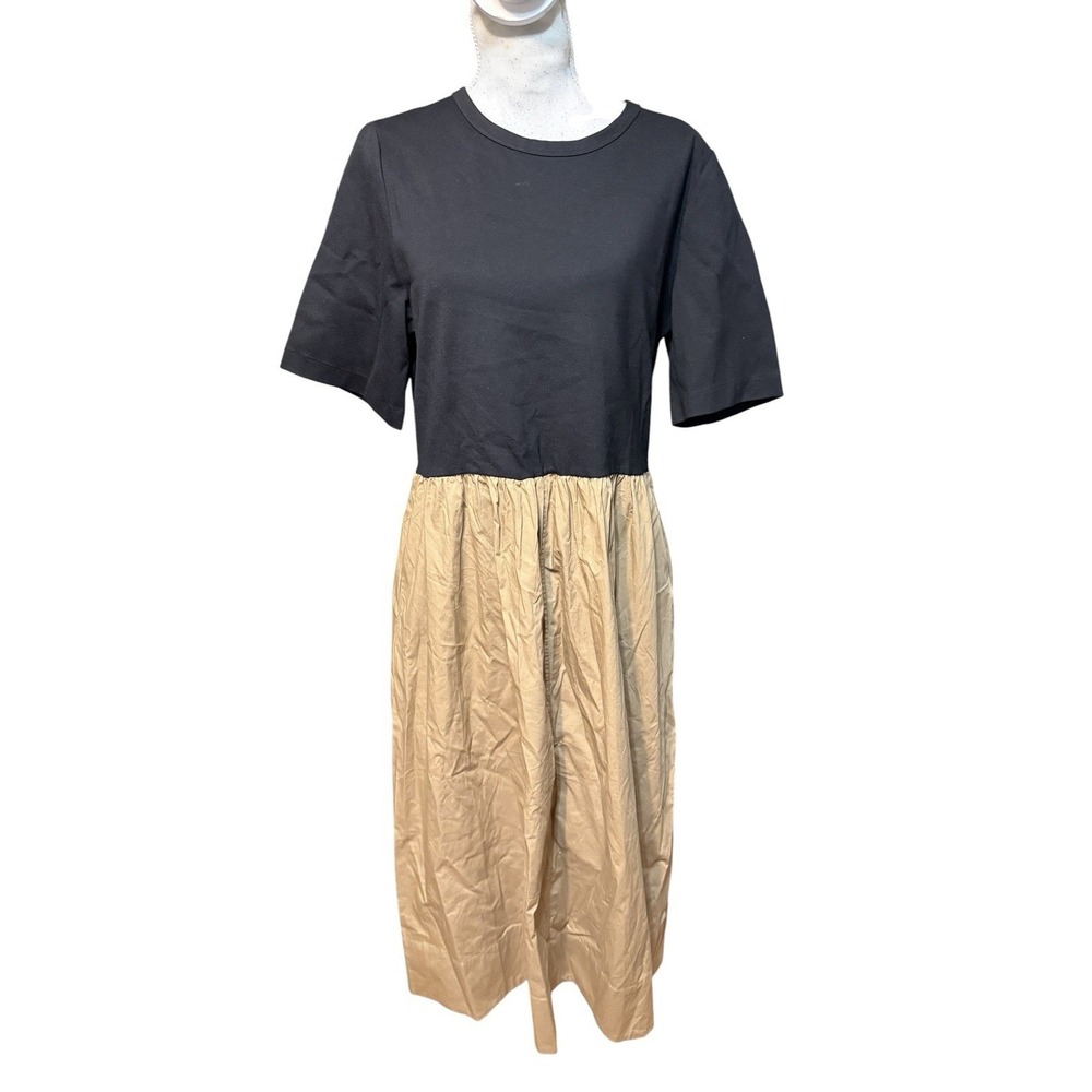 Maye Mimi Colorblock A-Line Midi Dress Womens Medium Black Camel Short Sleeve
